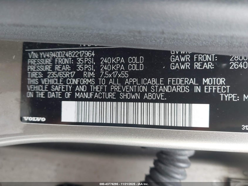 2011 Volvo Xc60 3.2 VIN: YV4940DZ4B2217964 Lot: 43776295