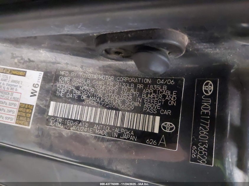 2006 Scion Tc VIN: JTKDE177260136529 Lot: 43776309