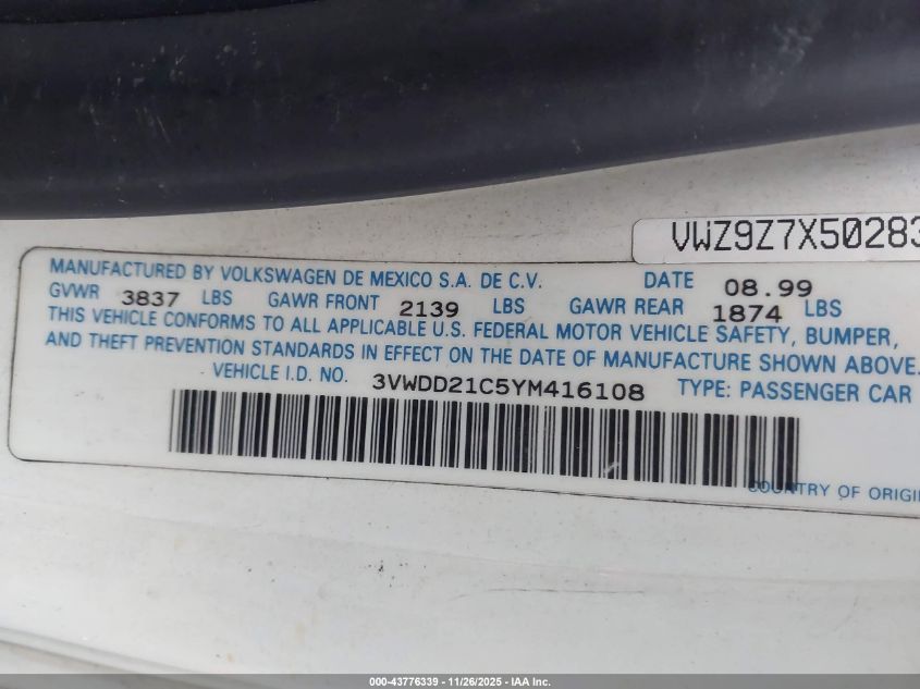 2000 Volkswagen New Beetle Glx VIN: 3VWDD21C5YM416108 Lot: 43776339