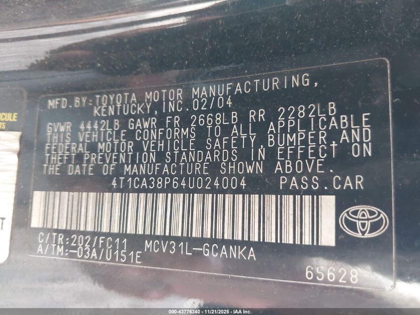 2004 Toyota Camry Solara Se Sport V6 VIN: 4T1CA38P64U024004 Lot: 43776340