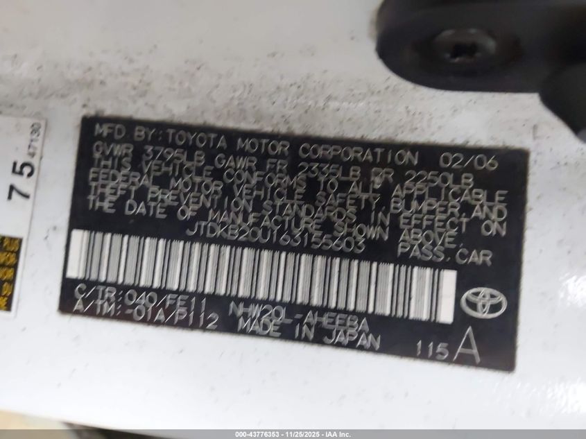 2006 Toyota Prius VIN: JTDKB20U163155603 Lot: 43776353