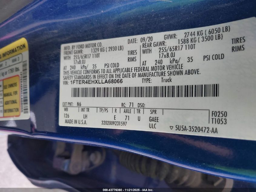 2020 Ford Ranger Xl VIN: 1FTER4EHXLLA68066 Lot: 43776360