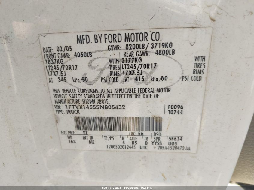 2005 Ford F-150 Fx4/Lariat/Xl/Xlt VIN: 1FTVX14555NB05432 Lot: 43776364