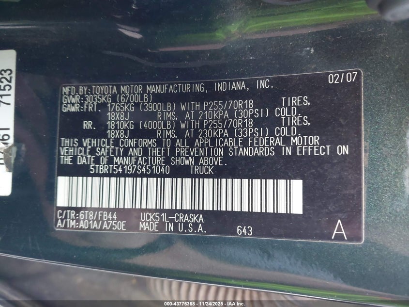 2007 Toyota Tundra Sr5 4.7L V8 VIN: 5TBRT54197S451040 Lot: 43776368