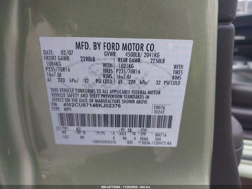 2008 Mercury Mariner Premier VIN: 4M2CU87148KJ02376 Lot: 43776380