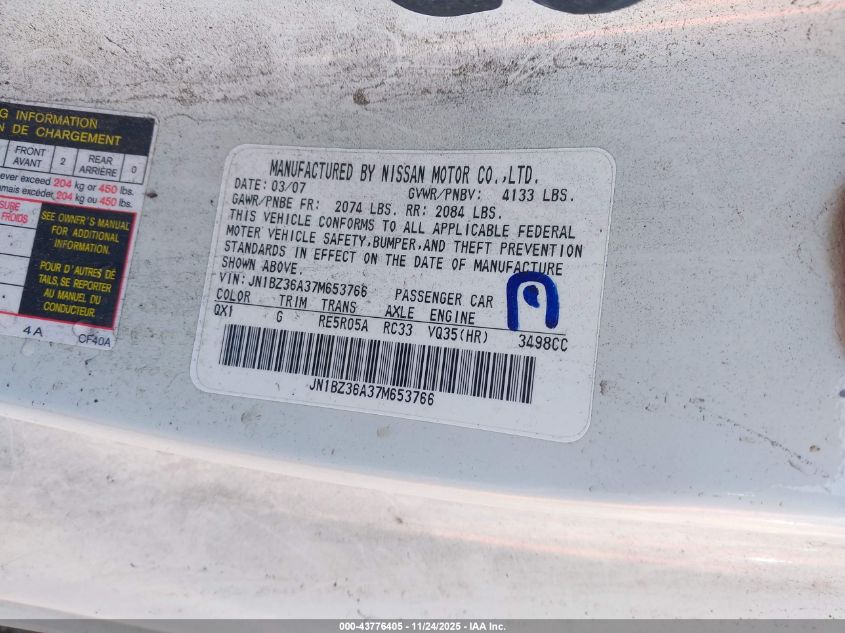 2007 Nissan 350Z Touring VIN: JN1BZ36A37M653766 Lot: 43776405