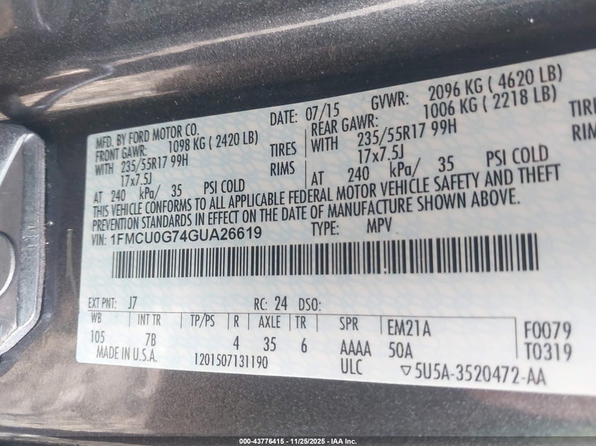 2016 Ford Escape Se VIN: 1FMCU0G74GUA26619 Lot: 43776415