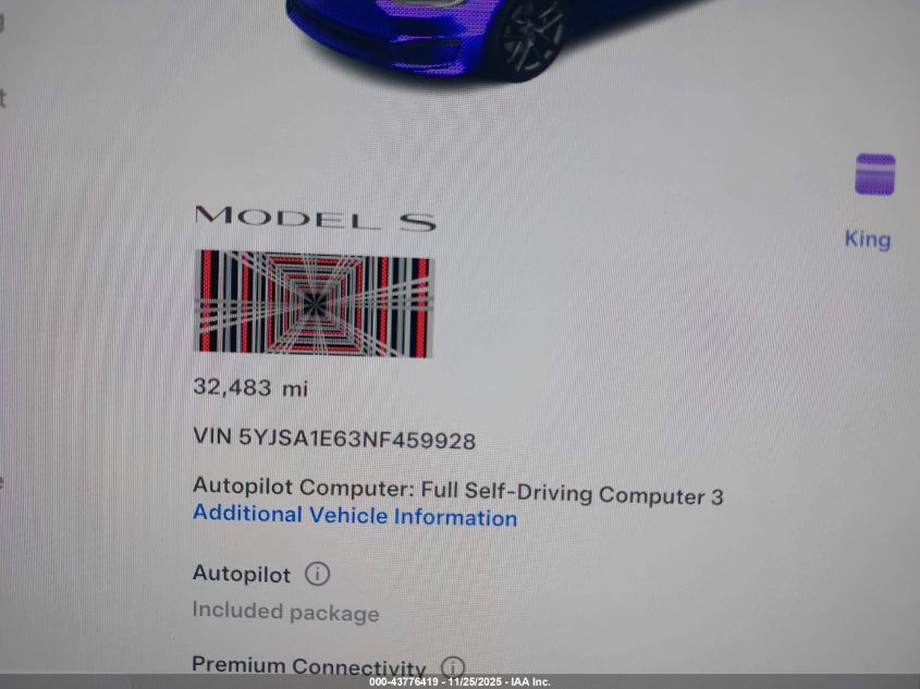 2022 Tesla Model S Plaid Tri Motor All-Wheel Drive VIN: 5YJSA1E63NF459928 Lot: 43776419