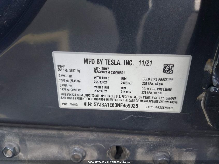 2022 Tesla Model S Plaid Tri Motor All-Wheel Drive VIN: 5YJSA1E63NF459928 Lot: 43776419