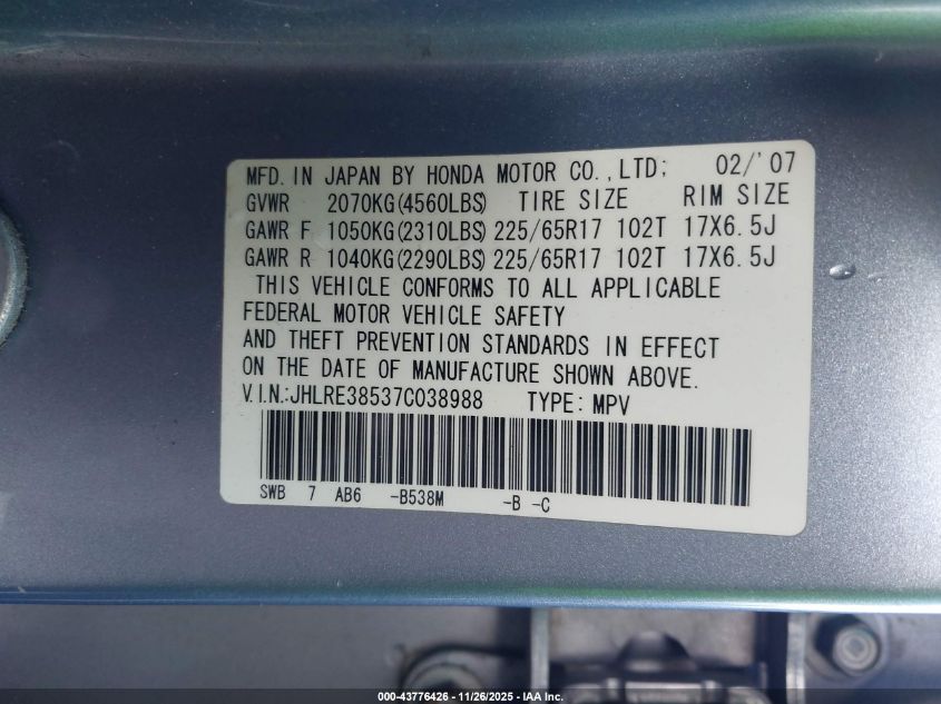 2007 Honda Cr-V Ex VIN: JHLRE38537C038988 Lot: 43776426