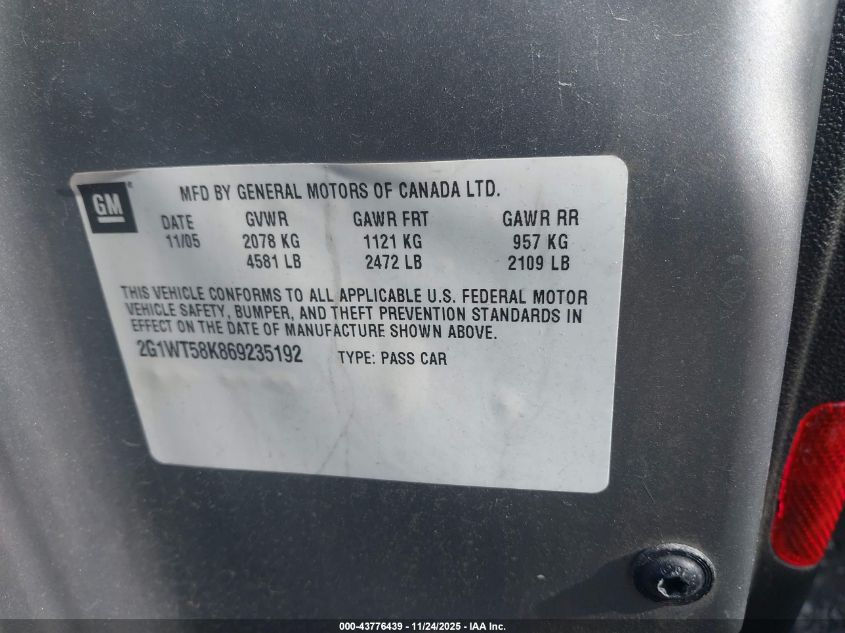 2006 Chevrolet Impala Lt VIN: 2G1WT58K869235192 Lot: 43776439