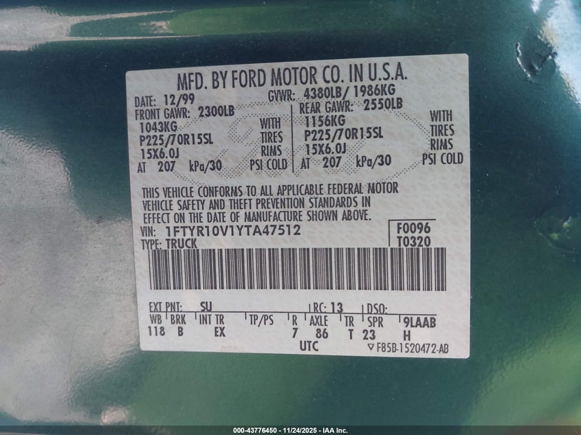 2000 Ford Ranger Xl/Xlt VIN: 1FTYR10V1YTA47512 Lot: 43776450