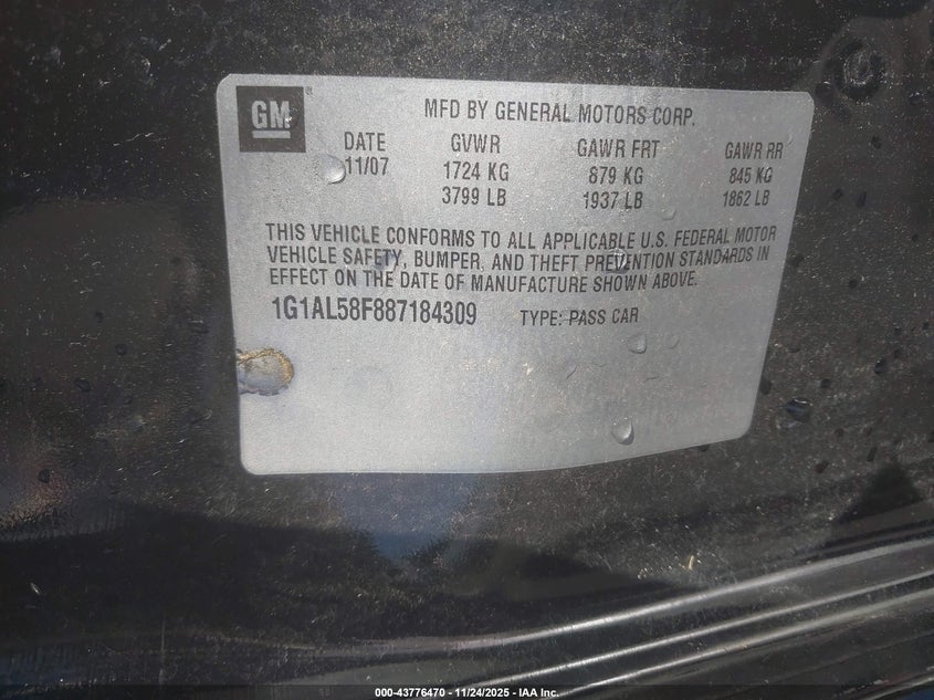 2008 Chevrolet Cobalt Lt VIN: 1G1AL58F887184309 Lot: 43776470