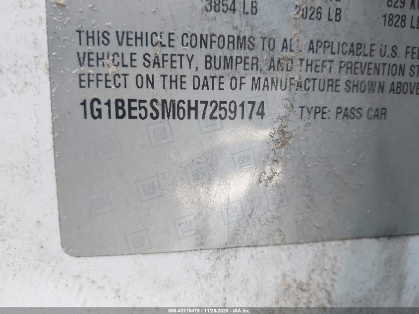 2017 Chevrolet Cruze Lt Auto VIN: 1G1BE5SM6H7259174 Lot: 43776479