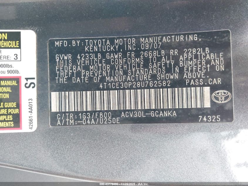 2008 Toyota Camry Solara Se VIN: 4T1CE30P28U762582 Lot: 43776490