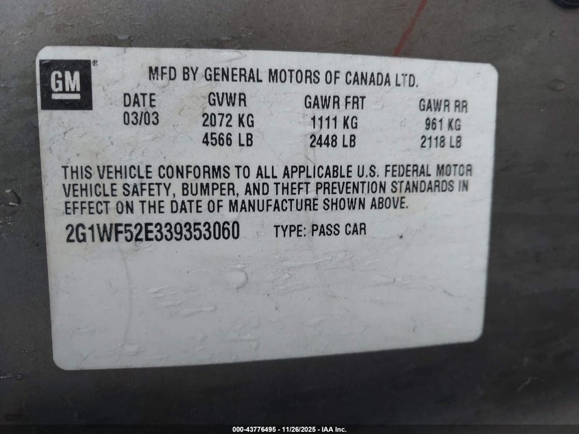 2003 Chevrolet Impala VIN: 2G1WF52E339353060 Lot: 43776495