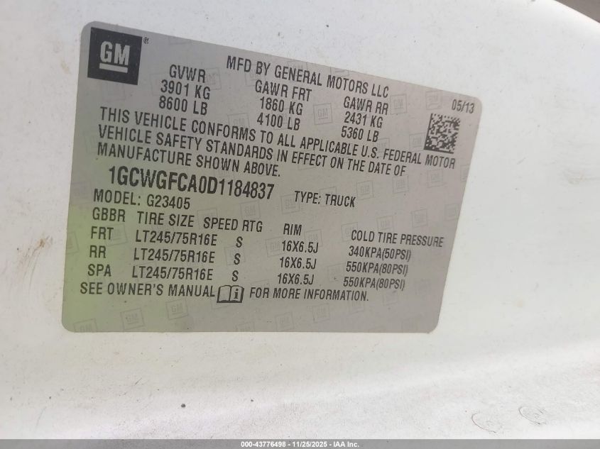 2013 Chevrolet Express 2500 Work Van VIN: 1GCWGFCA0D1184837 Lot: 43776498