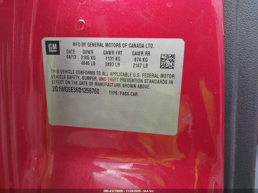 2013 Chevrolet Impala Lt VIN: 2G1WG5E36D1258760 Lot: 43776508
