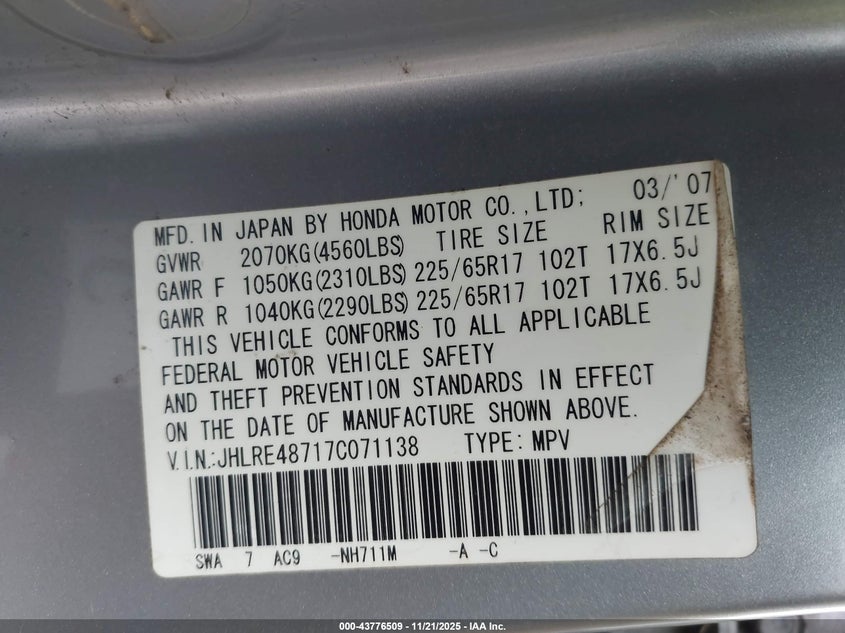 2007 Honda Cr-V Ex-L VIN: JHLRE48717C071138 Lot: 43776509
