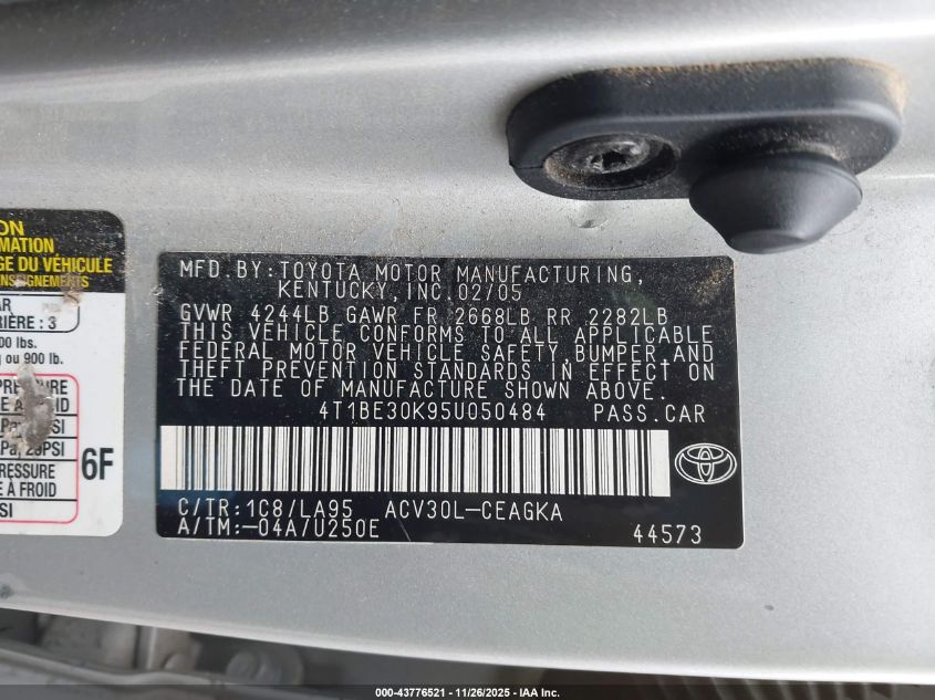 2005 Toyota Camry Xle VIN: 4T1BE30K95U050484 Lot: 43776521