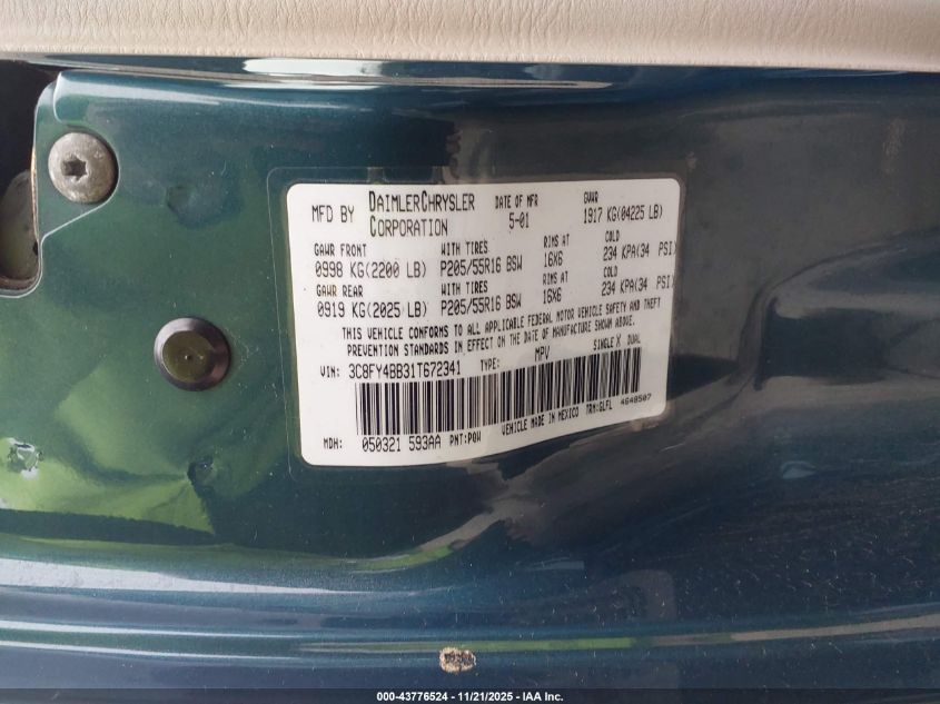 2001 Chrysler Pt Cruiser VIN: 3C8FY4BB31T672341 Lot: 43776524