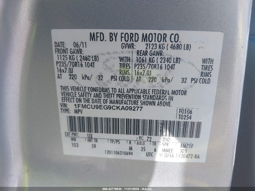 1FMCU9EG9CKA09277 2012 FORD ESCAPE photo no. 9