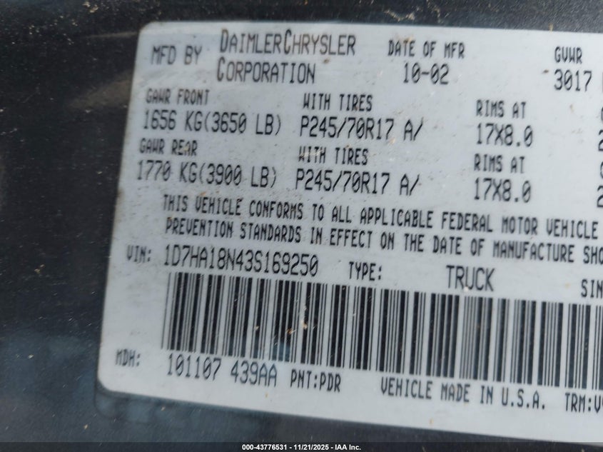 2003 Dodge Ram 1500 Slt/Laramie/St VIN: 1D7HA18N43S169250 Lot: 43776531