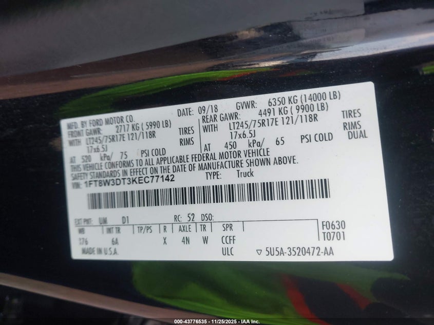 2019 Ford F-350 Lariat VIN: 1FT8W3DT3KEC77142 Lot: 43776535