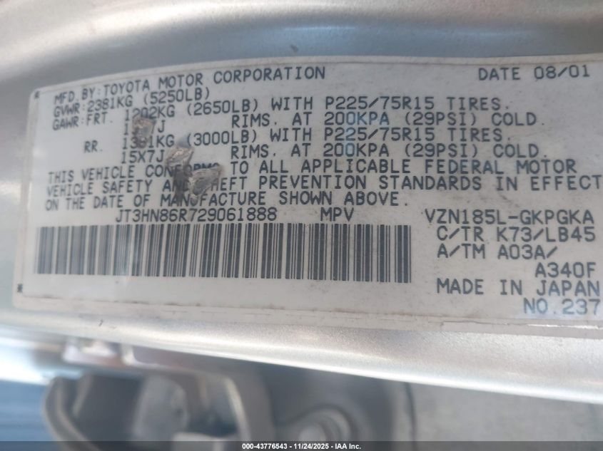 2002 Toyota 4Runner Sr5 V6 VIN: JT3HN86R729061888 Lot: 43776543