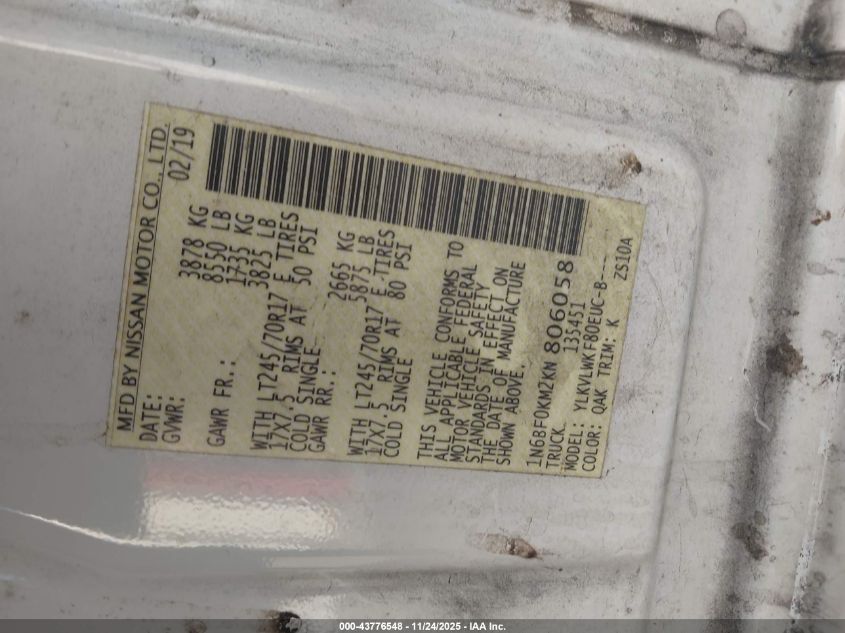 2019 Nissan Nv Cargo Nv1500 S V6 VIN: 1N6BF0KM2KN806058 Lot: 43776548