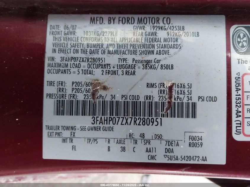 2007 Ford Fusion Se VIN: 3FAHP07ZX7R280951 Lot: 43776550