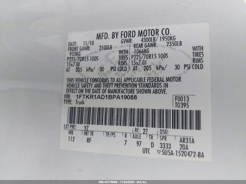 2011 Ford Ranger Xl VIN: 1FTKR1AD1BPA19088 Lot: 43776566