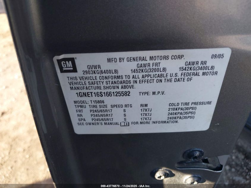 2006 Chevrolet Trailblazer Ext Ls VIN: 1GNET16S166125582 Lot: 43776570