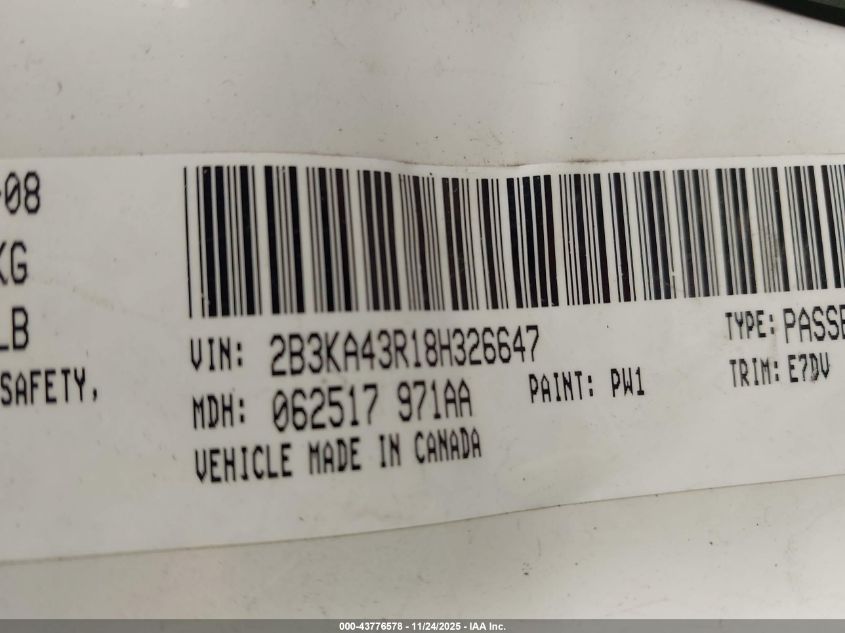 2008 Dodge Charger VIN: 2B3KA43R18H326647 Lot: 43776578