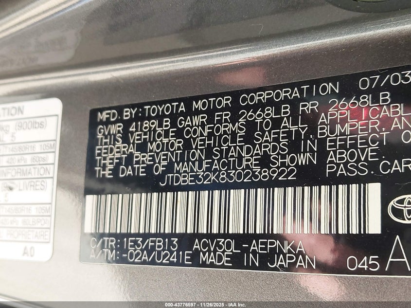 2003 Toyota Camry Le VIN: JTDBE32K830238922 Lot: 43776597