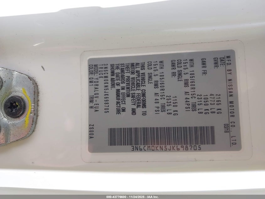 2018 Nissan Nv200 Sv VIN: 3N6CM0KN5JK698705 Lot: 43776600