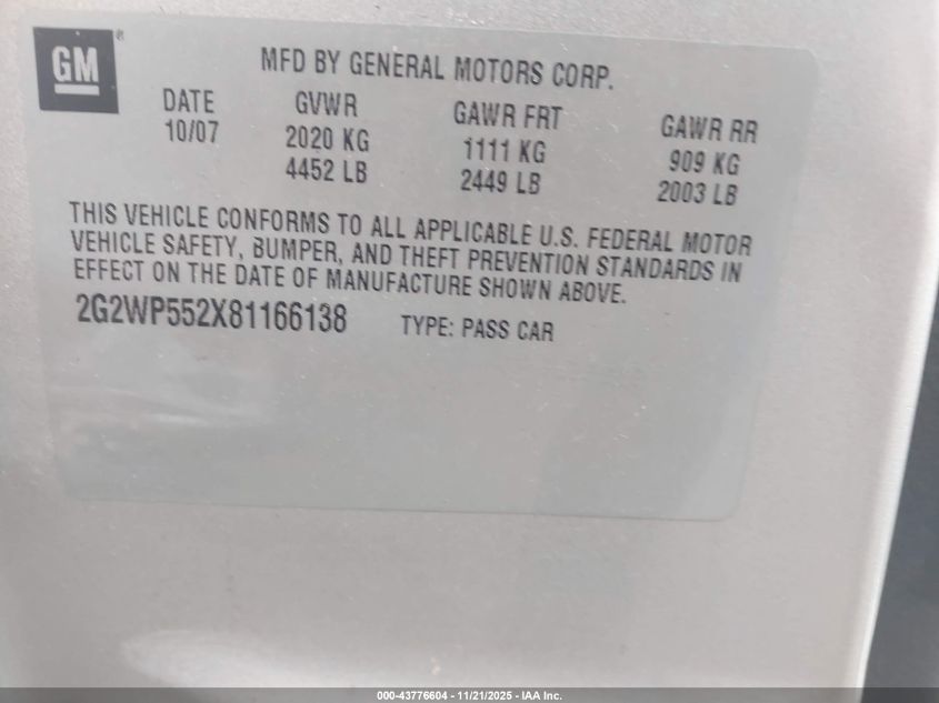 2008 Pontiac Grand Prix VIN: 2G2WP552X81166138 Lot: 43776604