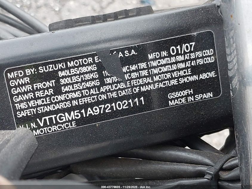 2007 Suzuki Gs500 VIN: VTTGM51A972102111 Lot: 43776605