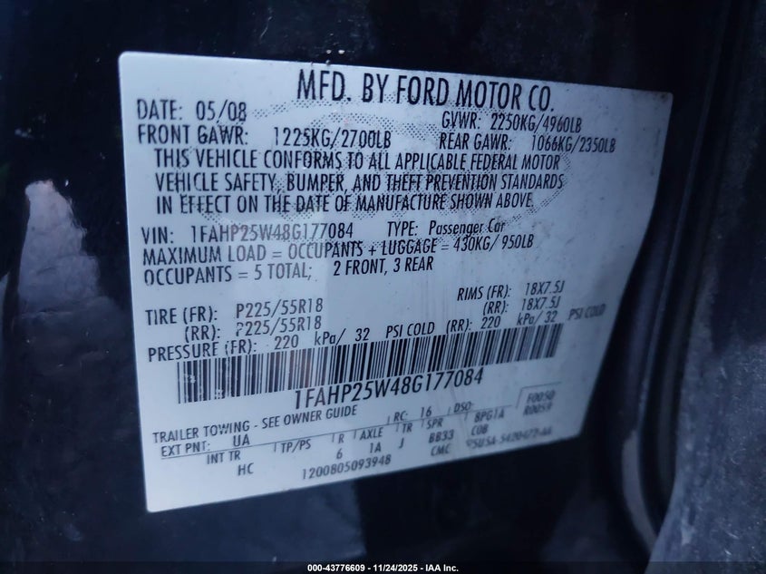 2008 Ford Taurus Limited VIN: 1FAHP25W48G177084 Lot: 43776609