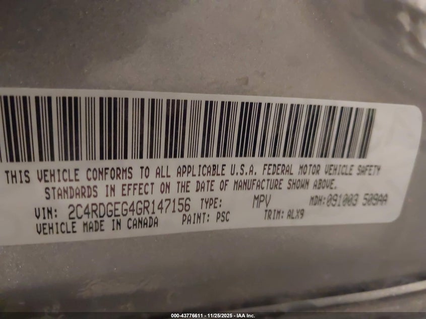 2016 Dodge Grand Caravan R/T VIN: 2C4RDGEG4GR147156 Lot: 43776611