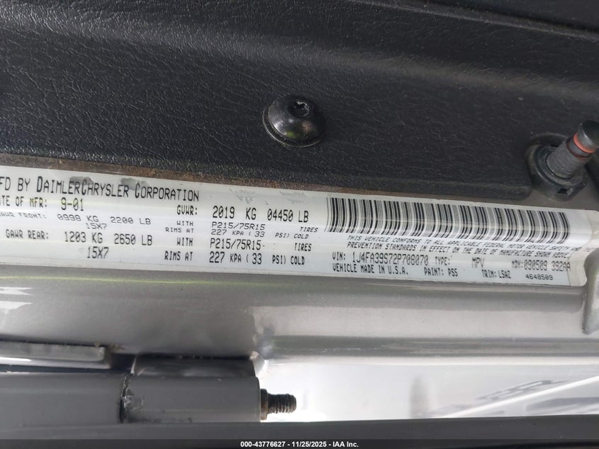 2002 Jeep Wrangler X VIN: 1J4FA39S72P708070 Lot: 43776627