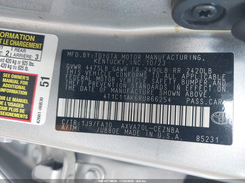 4T1C11AK6RU866254 2024 TOYOTA CAMRY photo no. 9