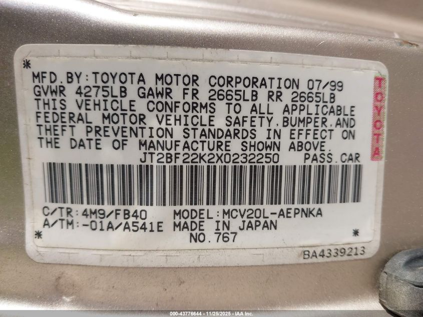 1999 Toyota Camry Le V6 VIN: JT2BF22K2X0232250 Lot: 43776644