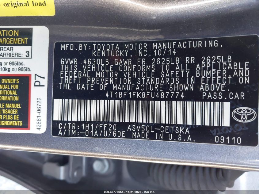 2015 Toyota Camry Se VIN: 4T1BF1FK8FU487774 Lot: 43776655