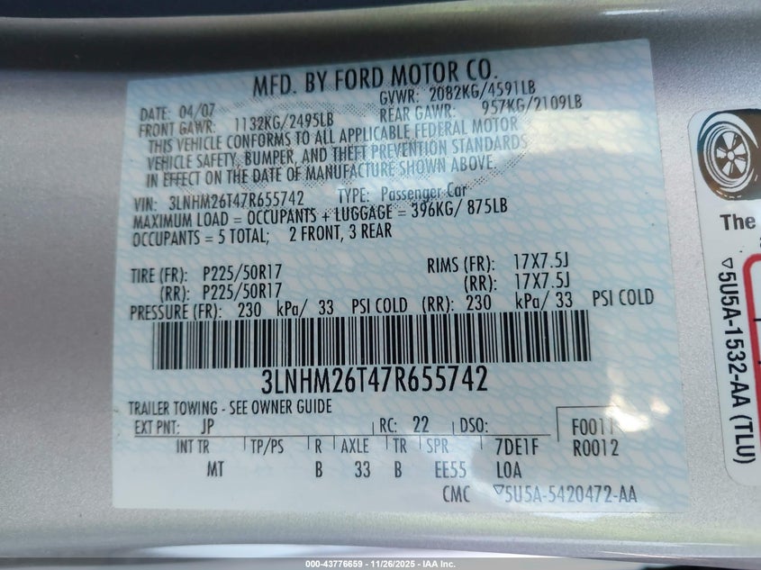 2007 Lincoln Mkz VIN: 3LNHM26T47R655742 Lot: 43776659