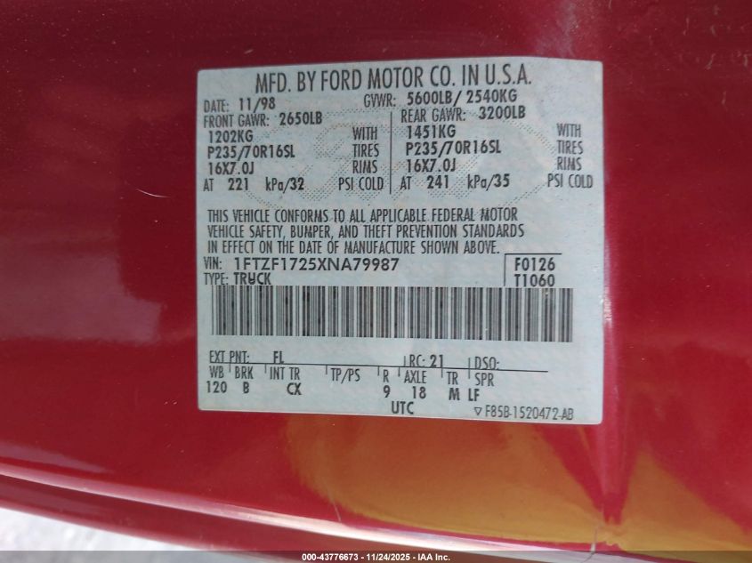 1999 Ford F-150 Work Series/Xl/Xlt VIN: 1FTZF1725XNA79987 Lot: 43776673