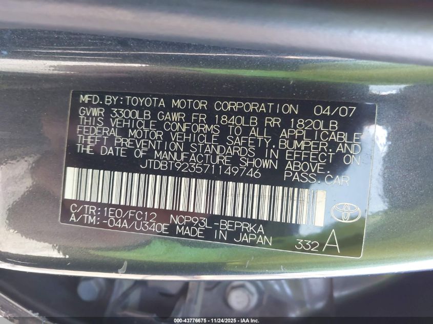 2007 Toyota Yaris VIN: JTDBT923571149746 Lot: 43776675