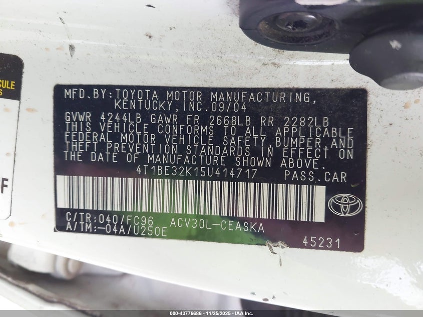 2005 Toyota Camry Se VIN: 4T1BE32K15U414717 Lot: 43776686