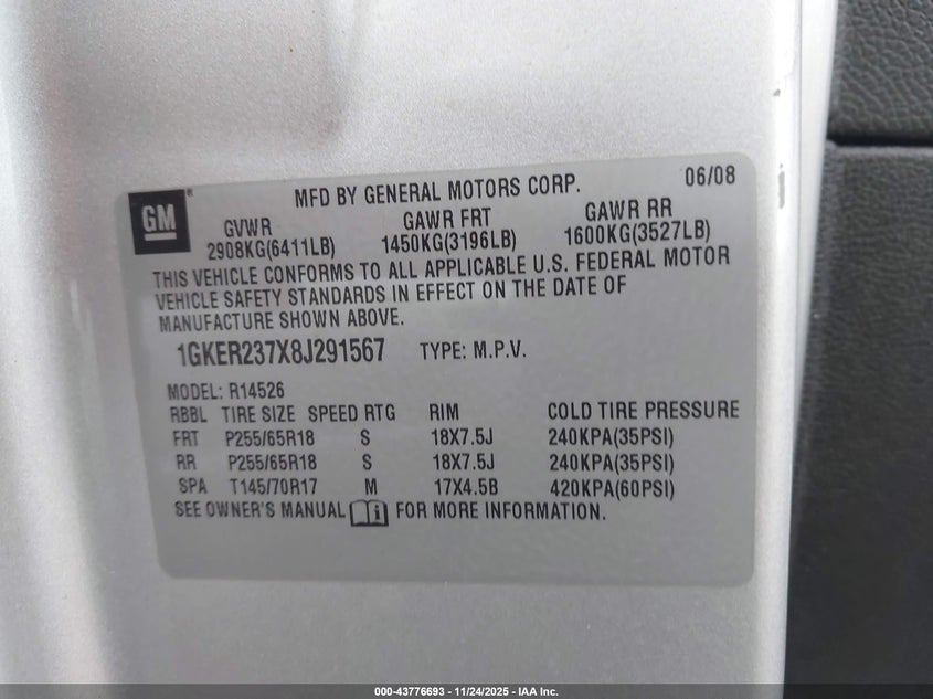 2008 GMC Acadia Slt-1 VIN: 1GKER237X8J291567 Lot: 43776693