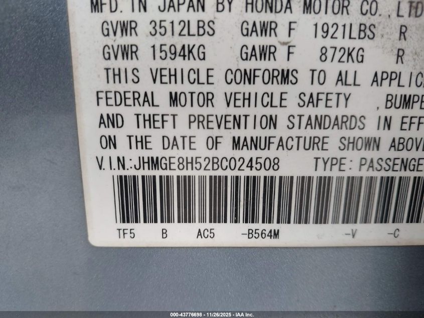 2011 Honda Fit Sport VIN: JHMGE8H52BC024508 Lot: 43776698